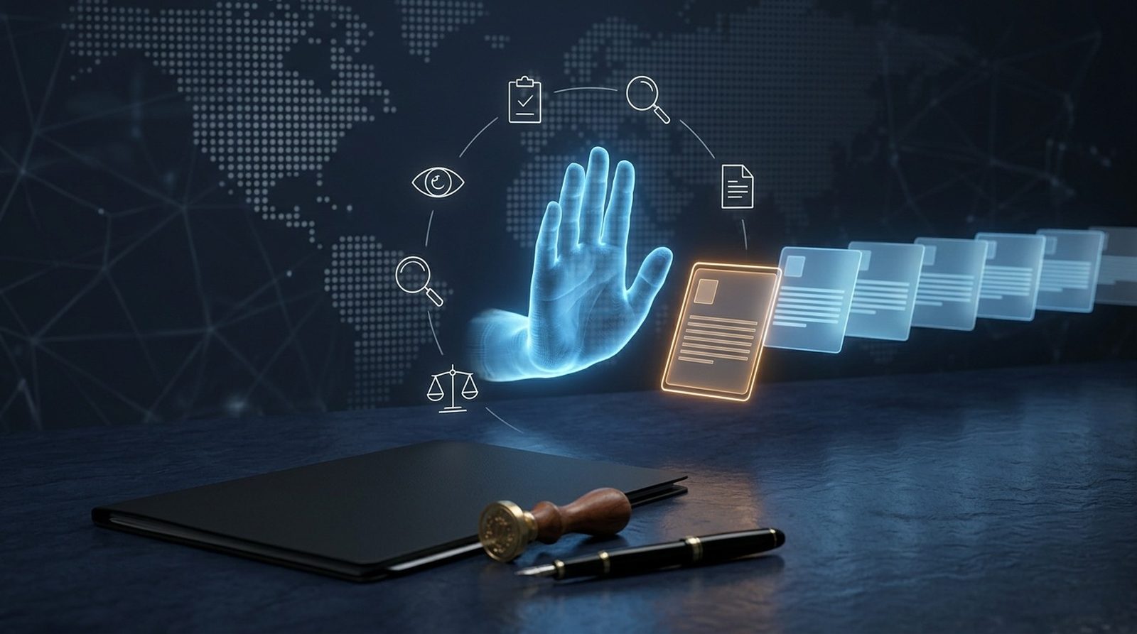 A glowing blue holographic hand raised in a stop gesture, halting a line of pale blue document cards — the nearest one outlined in amber — ringed by checklist, eye, magnifier, scales and document icons, with a closed black folder, a wax seal stamp and a pen on the dark slate desk below.