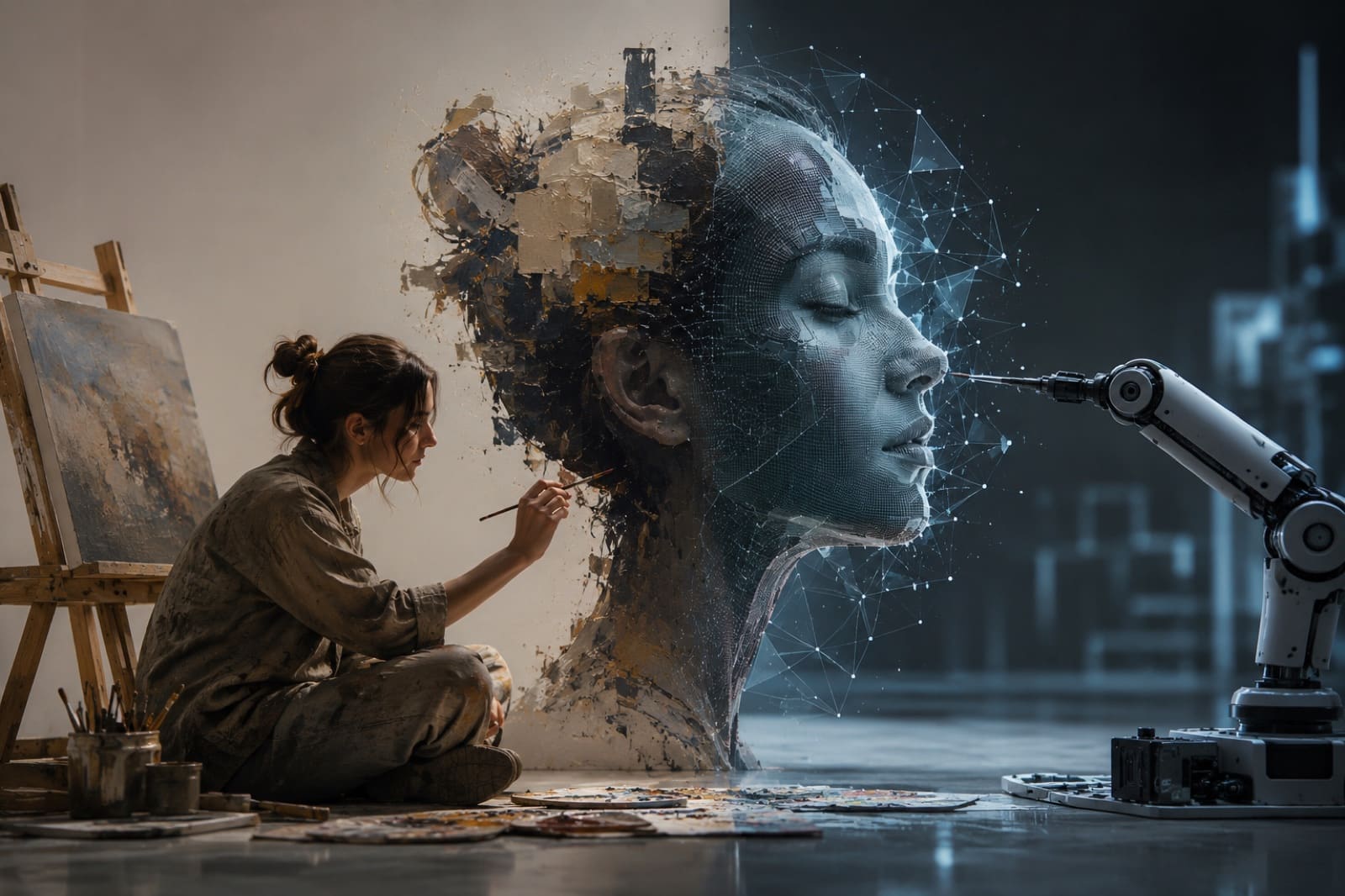 An artist paints a portrait that dissolves into a digital, AI-generated face — human craft meeting the machine.