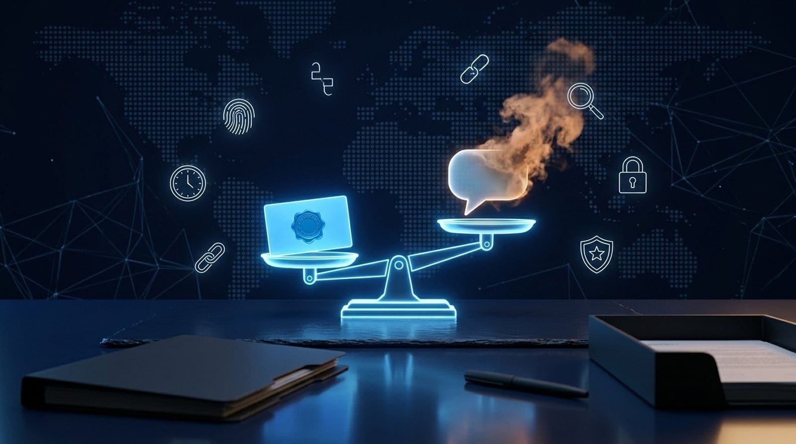 A glowing blue balance scale on a dark slate desk: a solid sealed record card weighs down one pan while a speech bubble dissolving into amber smoke rises on the other, ringed by fingerprint, clock, chain-link, magnifier, padlock and shield icons.