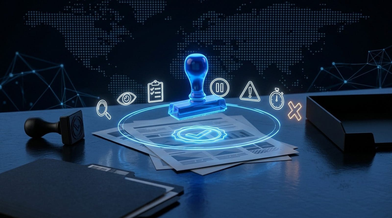 A glowing blue approval stamp pressing down on a stack of documents inside a ring of light, ringed by magnifier, eye, checklist, pause, warning, stopwatch and rejection-cross icons, with an unlit black stamp and closed folder in the foreground.