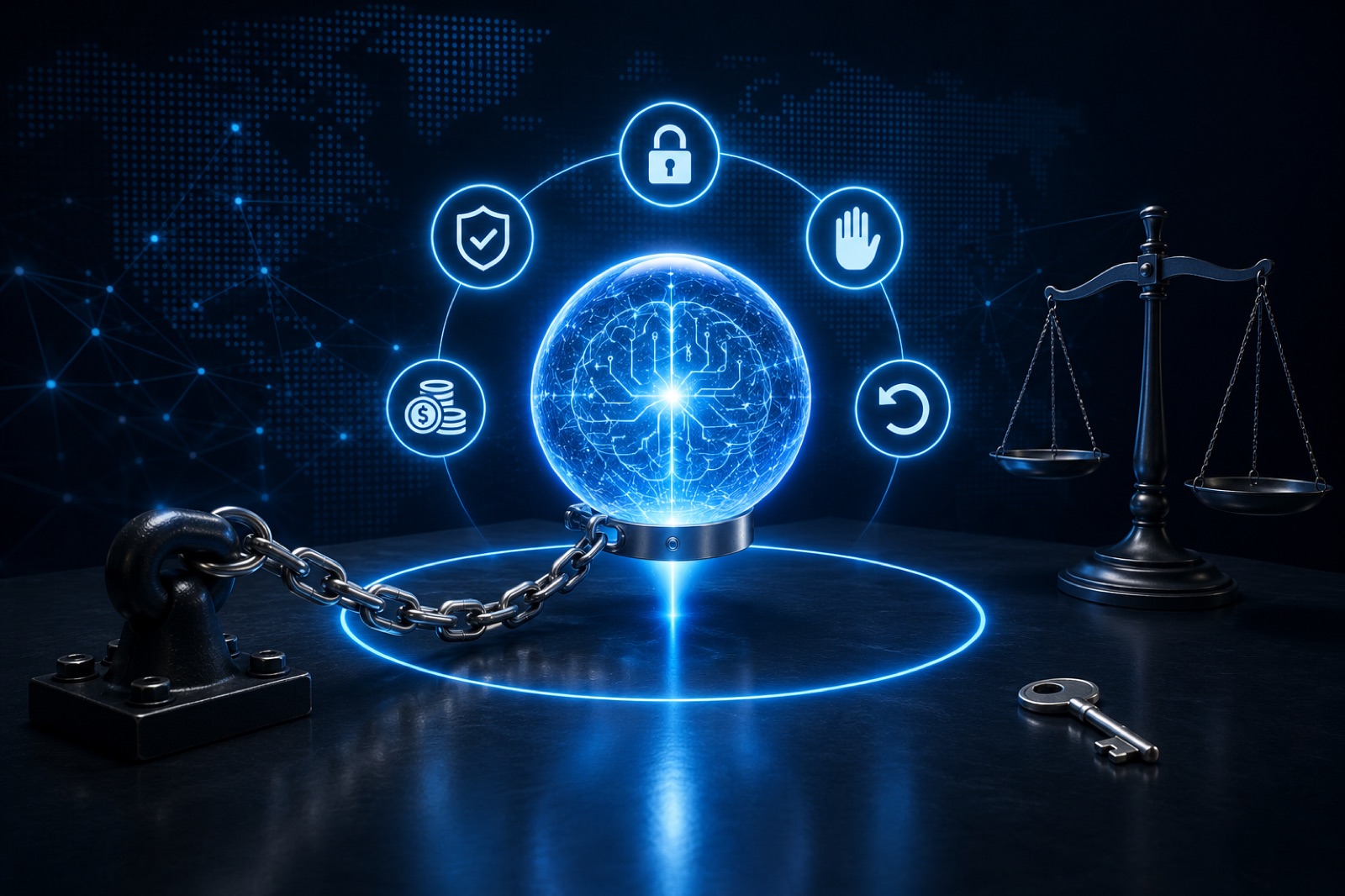 A glowing AI brain-orb held on a heavy chain inside a marked boundary ring, ringed by lock, shield, permission-hand, payment and undo icons, with a justice scale and an out-of-reach key nearby — capability under constraint.