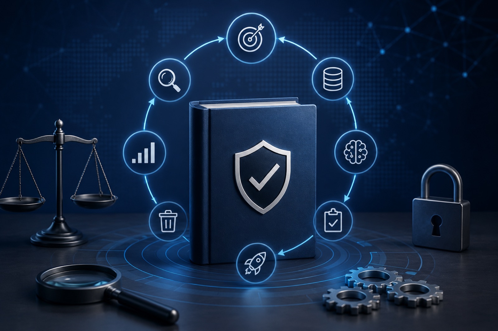 A rulebook with a shield-and-checkmark, ringed by the stages of a risk-management lifecycle — planning, data, testing, deployment, monitoring and retirement.