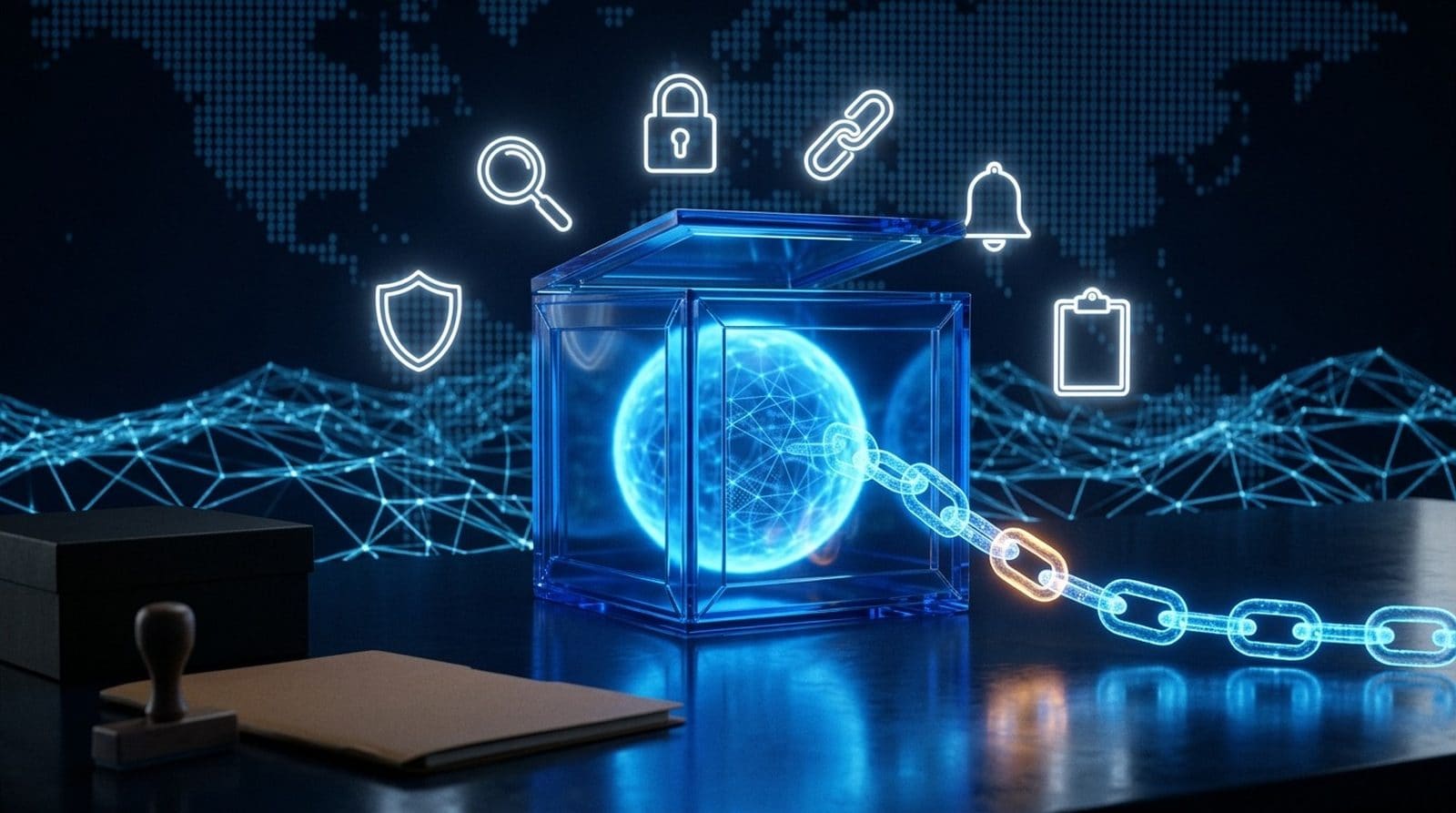 A glowing blue glass shipping crate on a dark slate desk with a luminous AI core sealed inside, a chain of blue links running out of it into a background network mesh with one link glowing amber, ringed by shield, magnifier, padlock, chain, bell and clipboard icons.